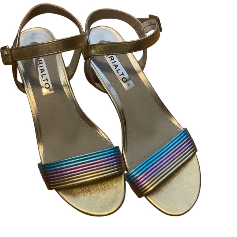 New Rialto wedge gold metallic disco retro rainbow cork 70s sandals size 7.5